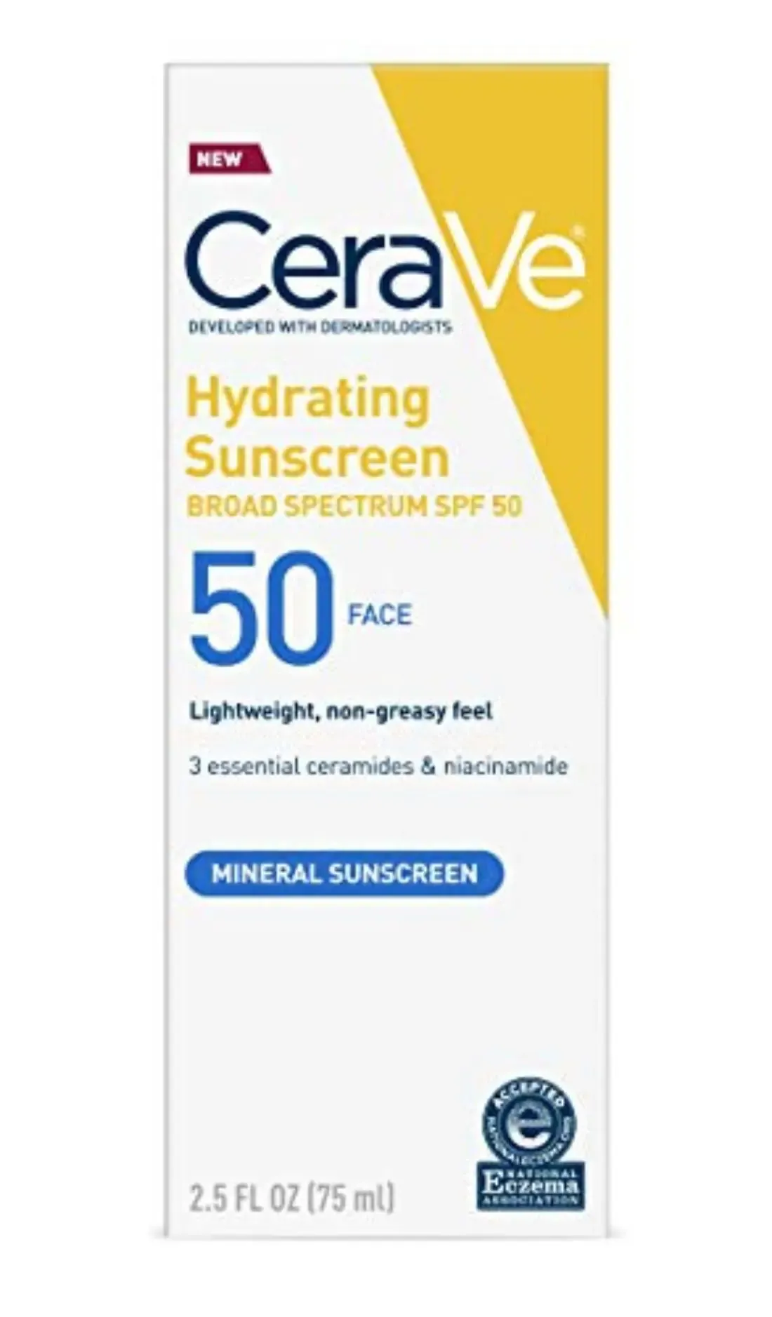cerave واقي شمس معدني 100% للوجه SPF 50 بأكسيد الزنك وثاني أكسيد التيتانيوم للبشرة الحساسة 2.5 oz، عبوة 1