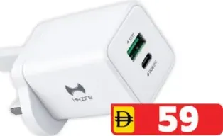 Hezire شاحن سفر H-Adapt مزدوج المخرج Type-C و Usb-A سريع 65W
