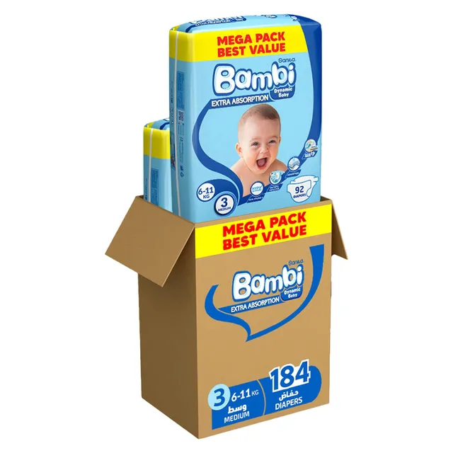Sanita Bambi Dynamic Baby Diapers Medium Size 3 6- Mega Pack 92 Diapers