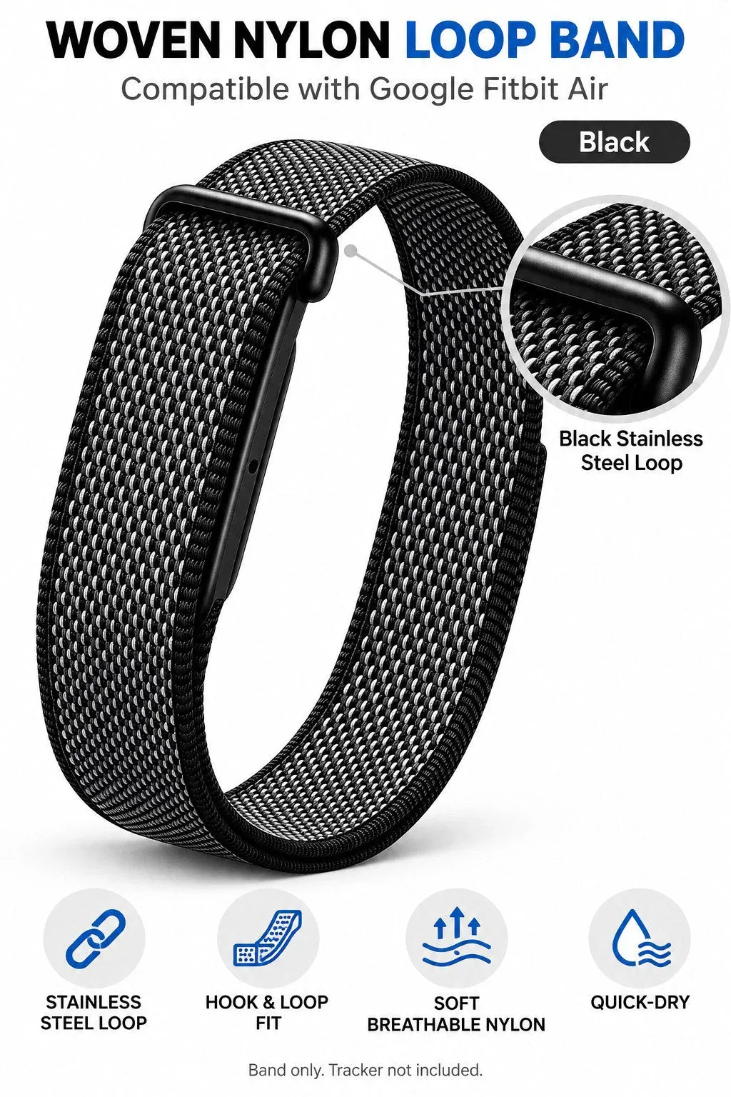 saraoont حزام نايلون متوافق مع Google Fitbit Air، حزام رياضي منسوج مطاطي مع لاصق، سوار بديل قابل للتعديل وجيد التهوية - أسود