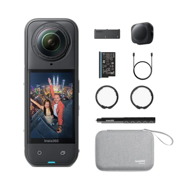 Insta360 X5 Essentials Bundle X5 Camera + Extra Battery + 114cm Invisible Sefie Stick + Lens Cap + Carry Case, 15m Waterproof 8K 360 Action Camera, Low Light Capture, Wind Guard - Black