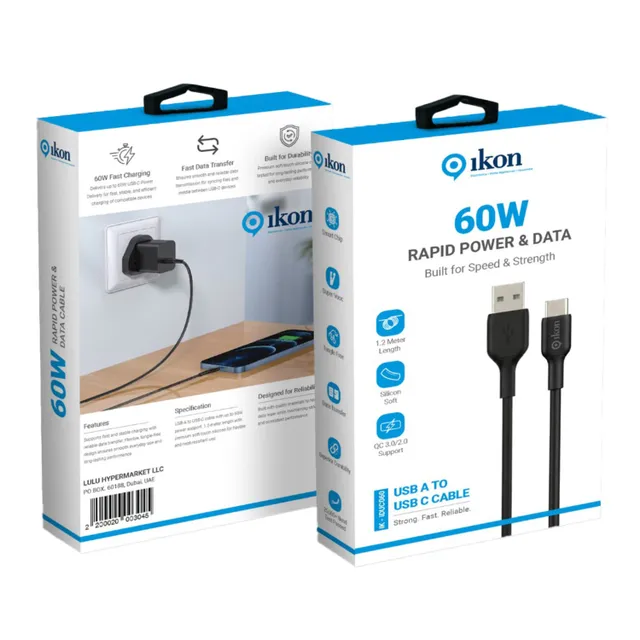 Ikon 60W USB Type-A to USB Type-C Cable, 1.2 m, Black/White, IK-IDUC060