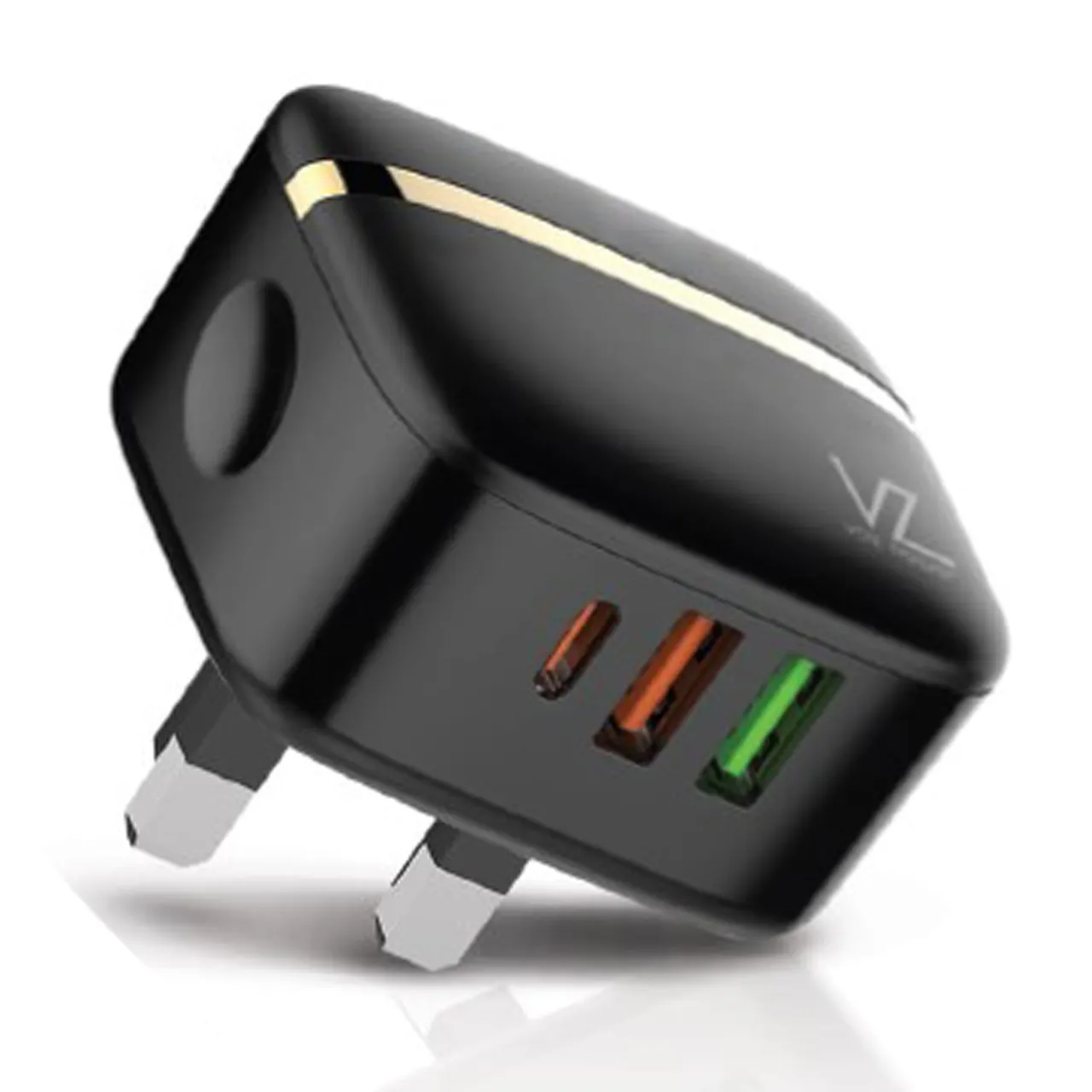 Voz شاحن جداري بثلاثة منافذ بقدرة 32W مع منفذ PD+QC 3.0، أسود، VZWPD02