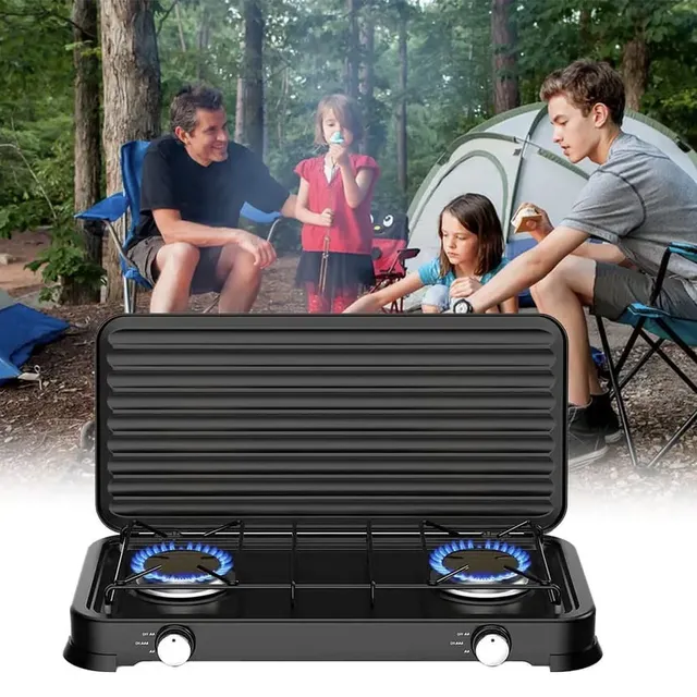 sprintee Portable 2 Burner Gas Stove with Cover for Outdoor Camping & Garden Party Cooking Stove, with Windshield for BBQ, Picnic and Outdoor Events