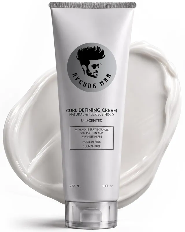 Avenue Man Curl Defining Cream - Unscented Extra Firm Defining Curl Cream for Men with Keratin, AcaiHerbal Extracts - Humidity Resistant, Lightweight Texture - Curly Hair Products for Men