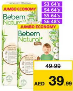 Bebem Natural Pants Jumbo Assorted; S3 64's, S4 64's, S5 64's, S6 48's