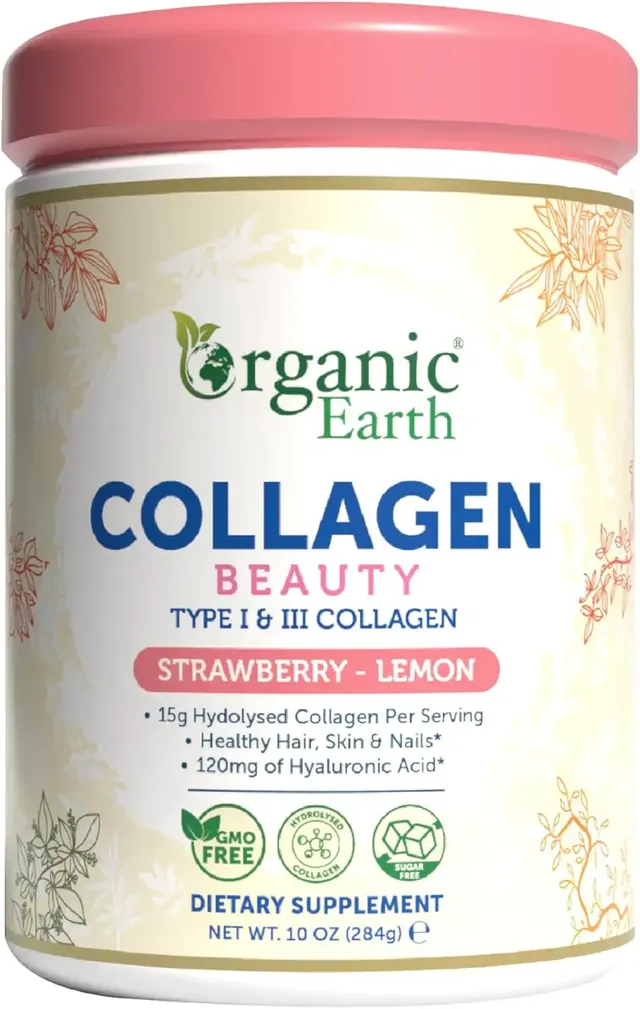 organic earth Type I & III Beauty Collagen Powder, 284 Grams Strawberry-Lemon Flavor, With Hydolysed Collagen Per Serving & 120mg Hyaluronic Acid, For Healthy Hair, Skin & Nails
