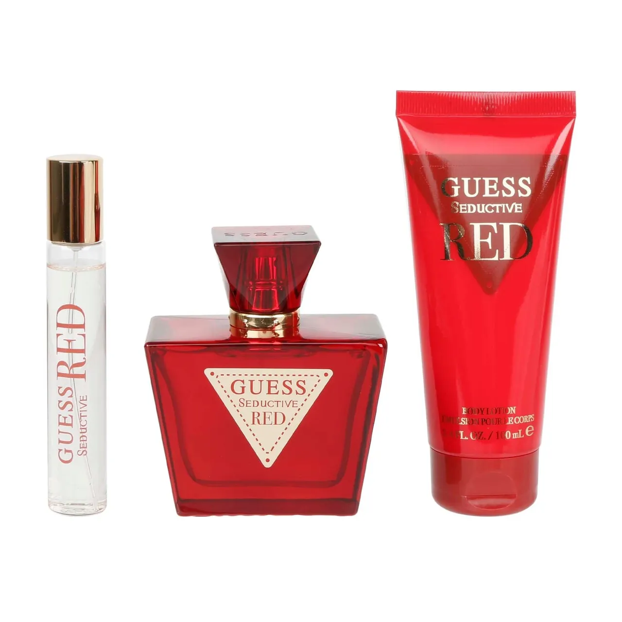 Guess طقم Seductive Red للنساء، أو دو تواليت، بخاخ سفر، لوشن للجسم مع حقيبة