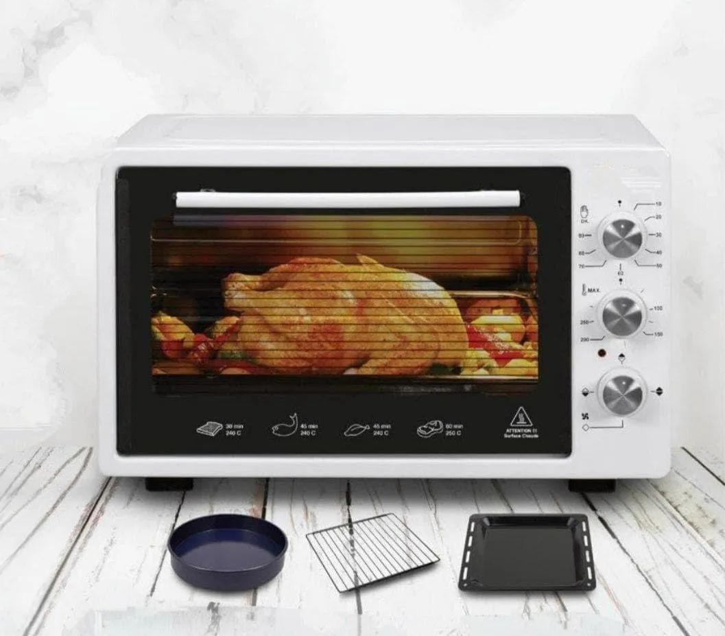 Dealio فرن كهربائي 1300W للطاولة توستر – منظم حرارة قابل للتعديل، مؤقت 90 دقيقة، شواية دجاج دوارة، خبز وشواء وبيتزا، صنع تركيا