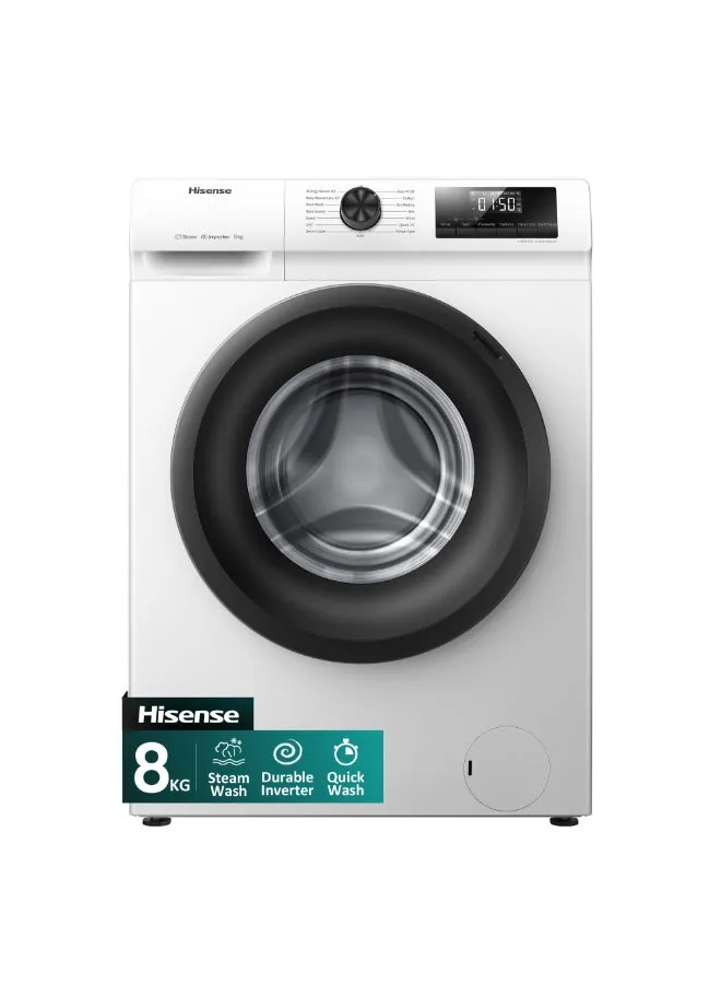 Hisense غسالة تحميل أمامي 1200RPM غسيل بالبخار، انفرتر متين، غسيل سريع، تشخيص ذاتي، تنظيف الحلة، تأخير النهاية WFSQ8012VMW أبيض