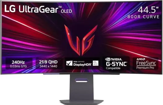 LG شاشة ألعاب منحنية UltraGear 45-Inch OLED، 3440x1440 WQHD، 240Hz، 0.03ms، انحناء 800R، متوافقة مع G-SYNC، FreeSync Premium Pro، DisplayHDR True Black 400، تباين 1.5M:1، 45GS95QE