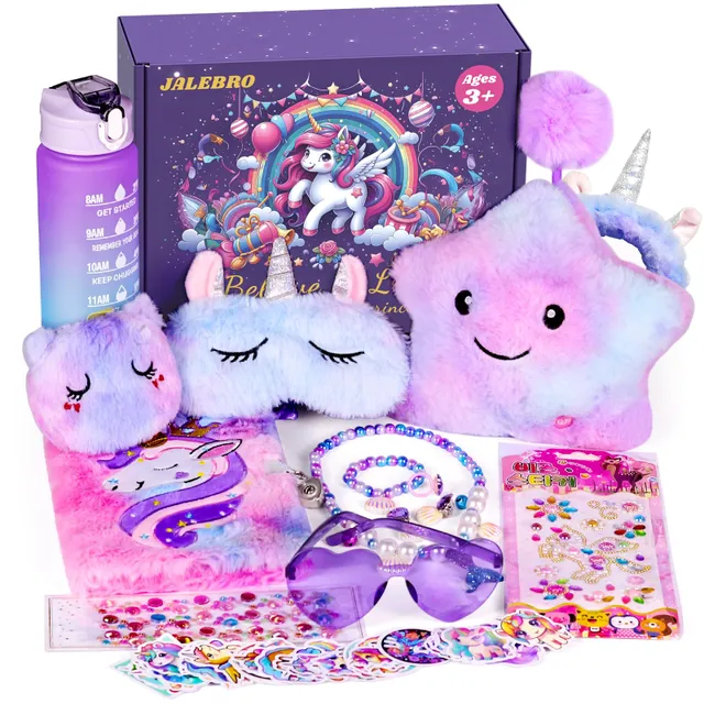 Jalebro 64pcs Unicorn Gifts Toys for Girls Kids Toys 5 6 7 8 9 10Years Old Halloween Thanksgiving Christmas Birthday Gifts Box with Star Light Up Pillow Stuffed Diary with Lock Headband Water Bottle s