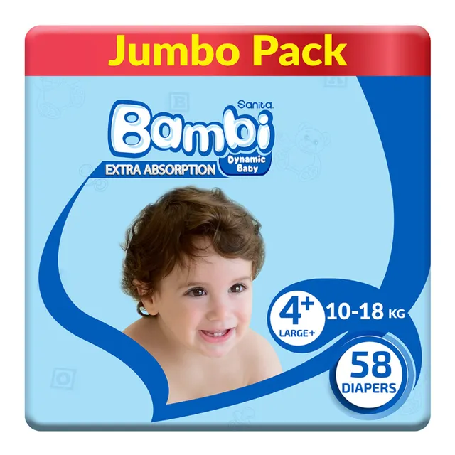 Sanita Bambi Baby Diaper Jumbo Pack Size 4+ Large Plus 10- 58 pcs