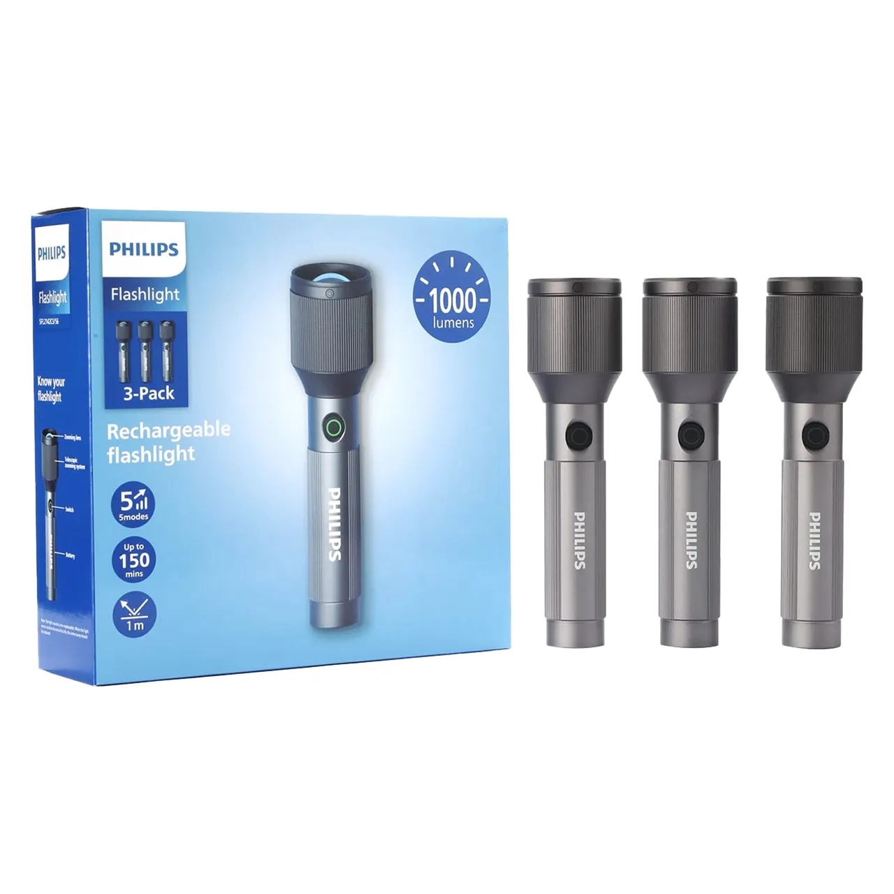Philips مصباح يدوي قابل للشحن من سبائك ألومنيوم الطائرات LED، 1000 Lumens، 3 pcs، SFL2142C3