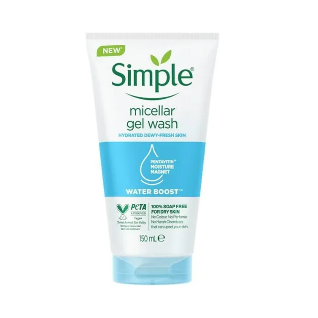 Simple Water Boost Micellar Gel Facial Wash, Hydrating Cleanser with Pentavitin For Dewy, Fresh Skin