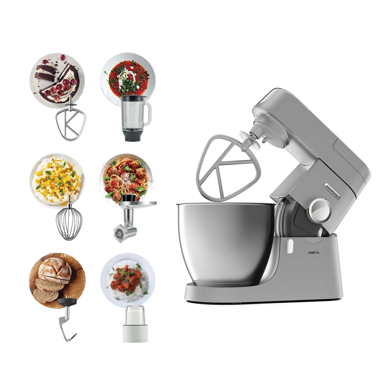 Kenwood عجانة مطبخ بهيكل معدني CHEF XL بقدرة 1200W مع وعاء ستانلس ستيل، مضرب K-Beater، خفاقة، خطاف عجين، خلاط زجاجي، مفرمة لحم، مطحنة KVL4230S فضي