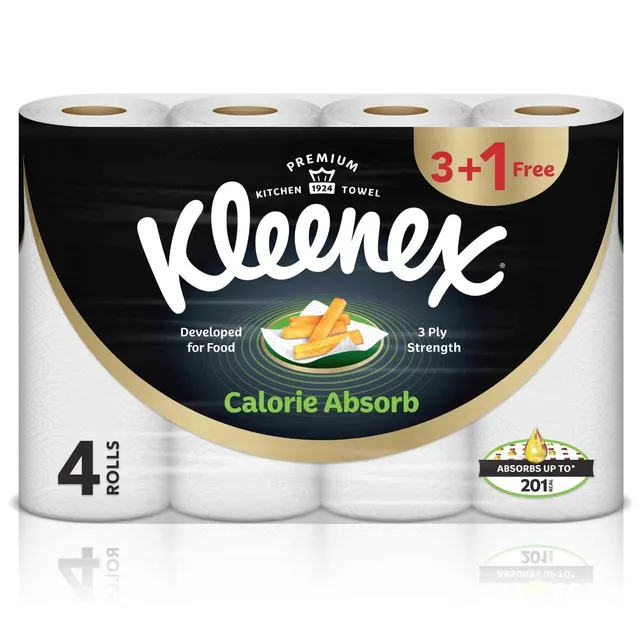Kleenex Calorie Absorb Kitchen Tissue Paper Towel - 3 PLY - 4 Rolls x 50 Sheets - Food-Grade Strong Absorbent Kitchen Tissue