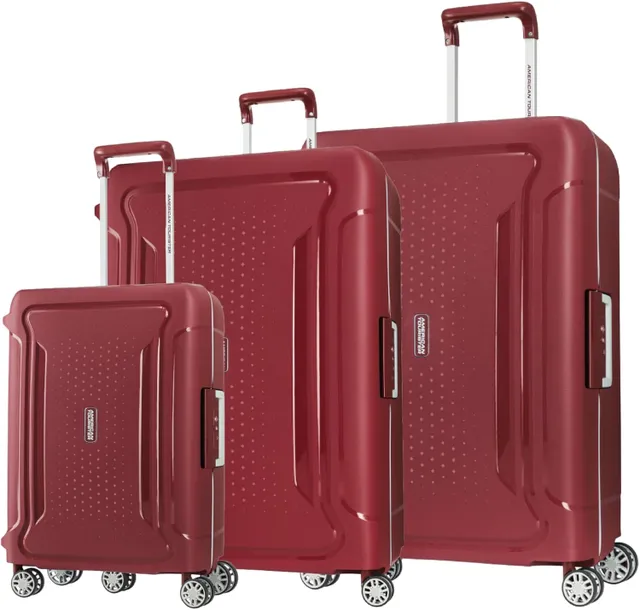 American Tourister Tribus Set of 3, Hard Luggage Trolley Bags With Number Lock, 55+69+78cm, Red