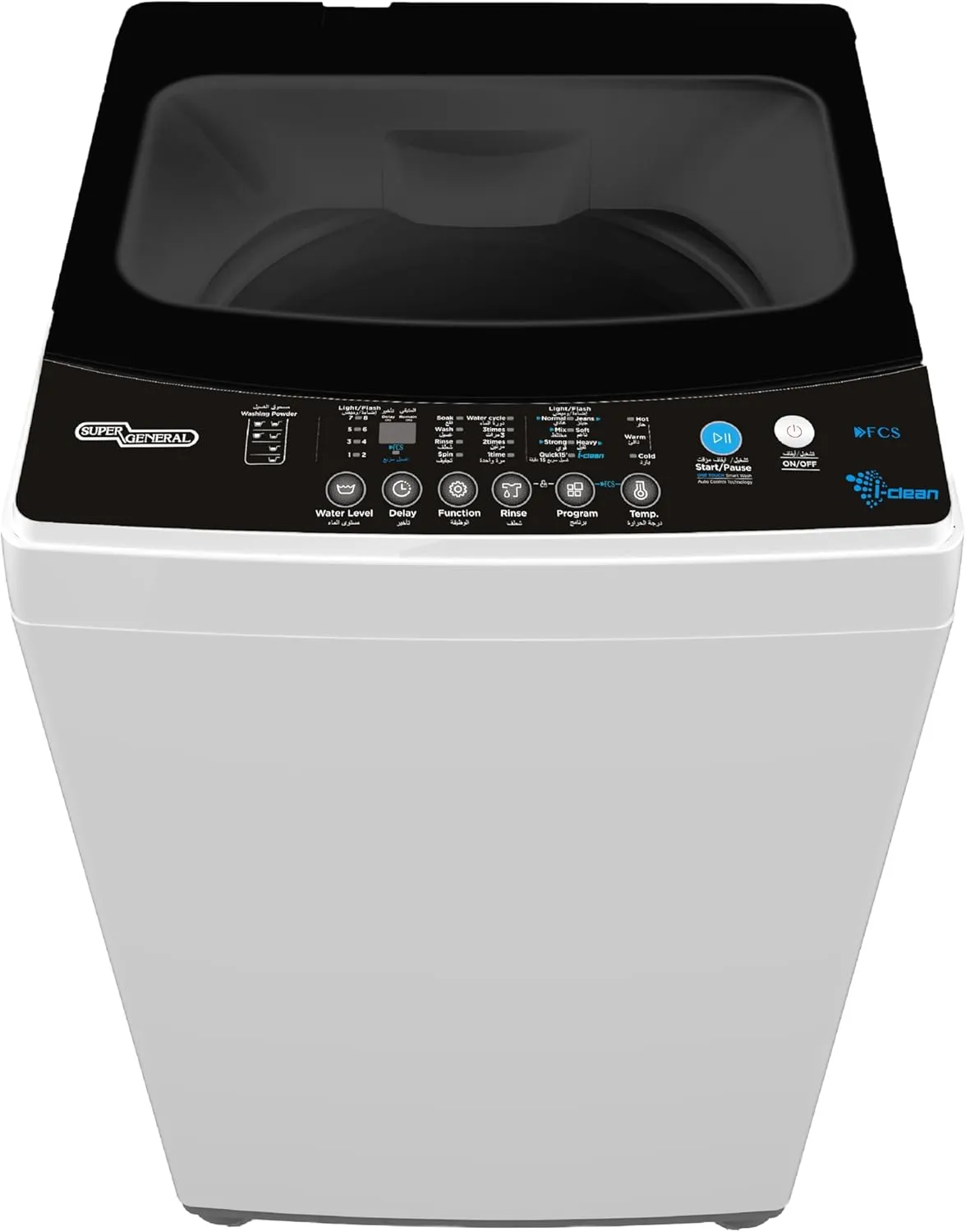 Super General غسالة تحميل علوي أوتوماتيكية بالكامل SGW655، 680 RPM، غطاء زجاجي إغلاق ناعم، شاشة LED، توازن تلقائي، قفل أطفال، تنظيف الحلة، 51.5x52.5x93cm WxDxH، أبيض-أسود، ضمان 1-Yr SGW655 White-Black