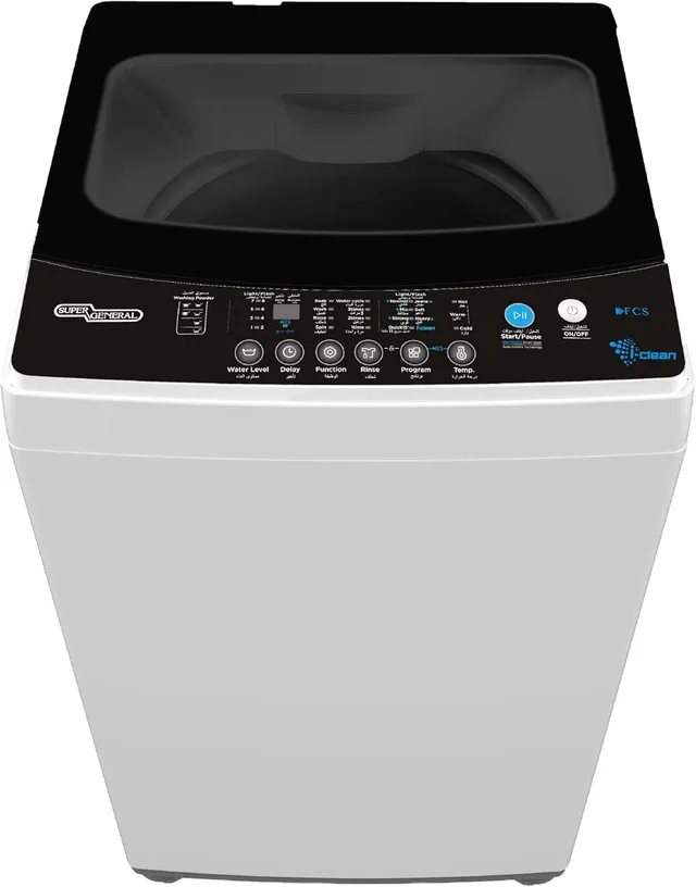 Super General Fully Automatic Top Load Washing Machine SGW655, 680 RPM, Soft Close Glass Lid, LED Display, Auto Balance, Child Lock, Drum Clean, 51.5x52.5x93cm WxDxH, White-Black, 1-Yr Warranty SGW655 White-Black