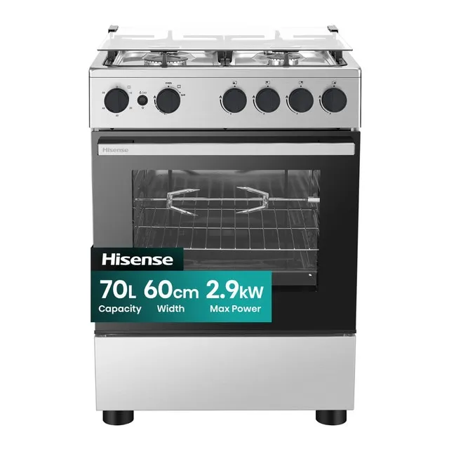 Hisense 60cm Freestanding full Gas Cooker, 70 Liters oven, Cast-Iron Support, Gas oven with Grill, Rotisserie, Full Safety with FFD, Mechanical Timer, Ergonomic knobs and handle, Removable full glass door, Auto Ignition, Enamel Interior - HFG60422RX02 Grey