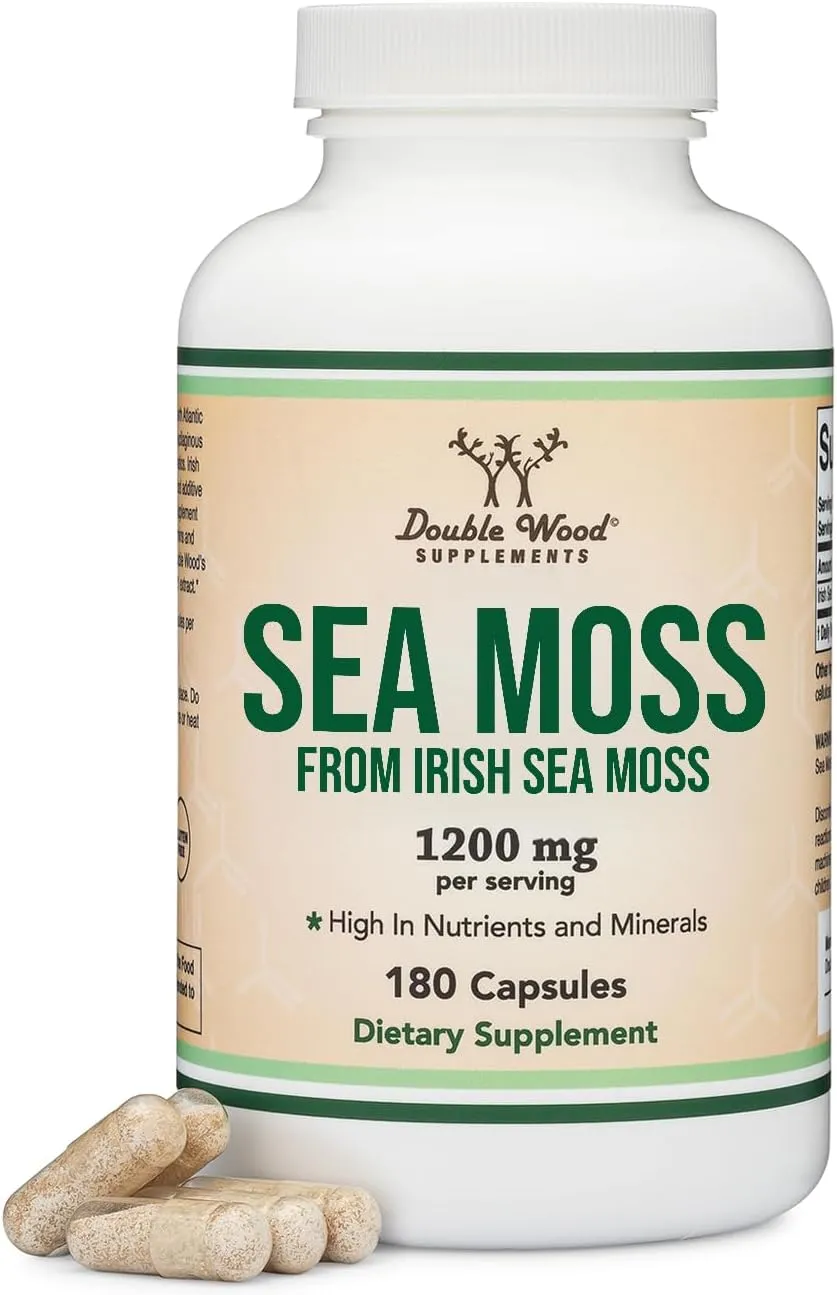 Double Wood Supplements كبسولات طحلب البحر الأيرلندي Irish Sea Moss أقوى من مستخلص جل طحلب البحر ‏(180 كبسولة، 1,200mg لكل حصة) (من Chondrus Crispus البري الخام)