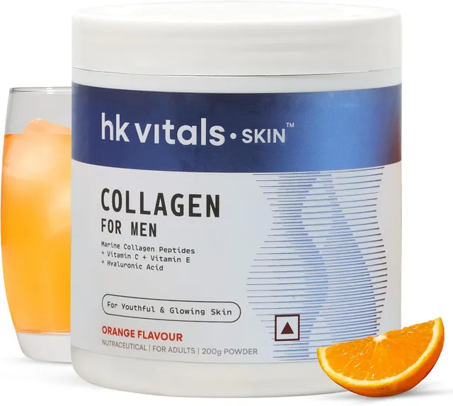Hk Vitals Marine Collagen Supplement for Men, Orange, Vitamin C, E, Sodium Hyaluronate, for Youthful and Glowing Skin, Marine Collagen Peptides with Vitamin C