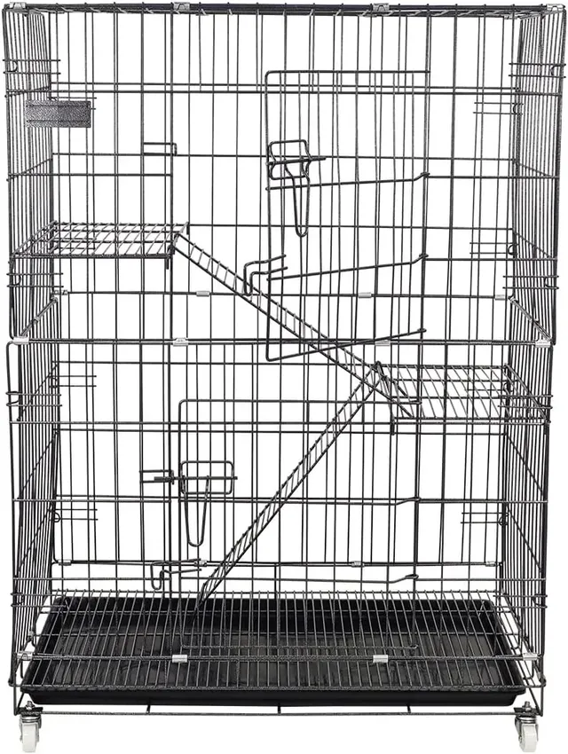 majibao 2-Tier cat cage for cat & kittens, Heavy-duty foldable metal pet cage with 2-lockable Doors, Climbing ladders, Slide-out tray, and Universal wheels, Ideal for Indoor/Outdoor use, 104 cm (Black)