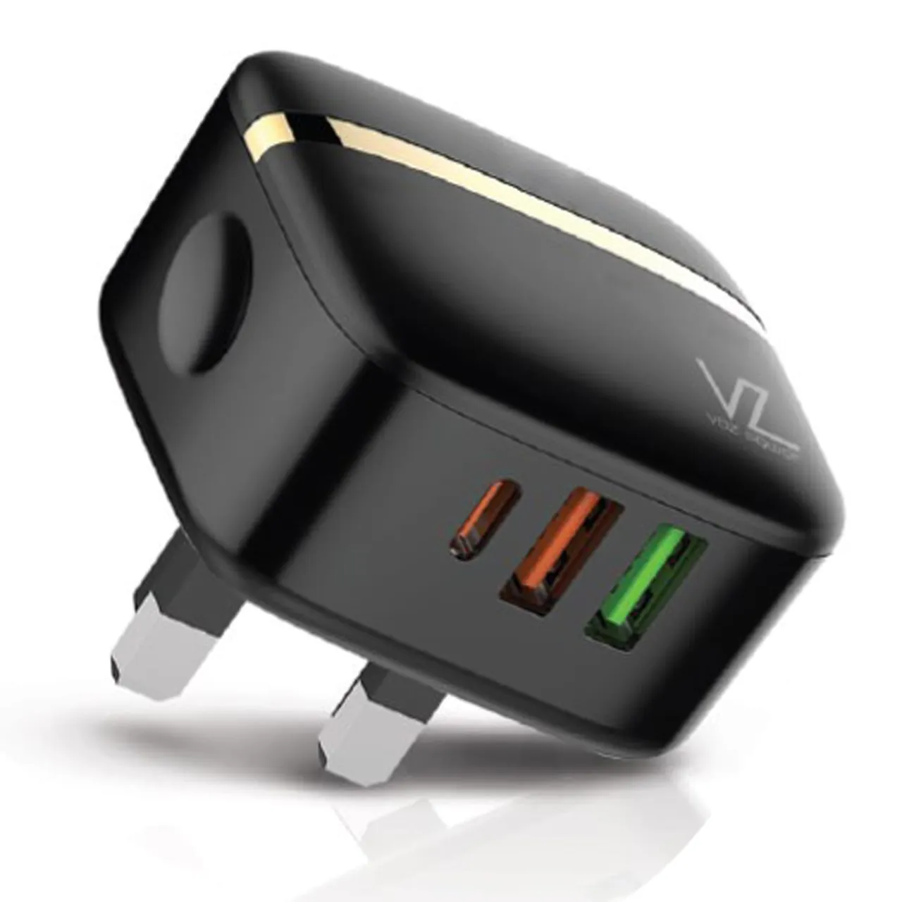Voz شاحن جداري ثلاثي المنافذ بقدرة 32W مع منفذ PD+QC 3.0 وكابل Lightning، أسود، VZWPD02L
