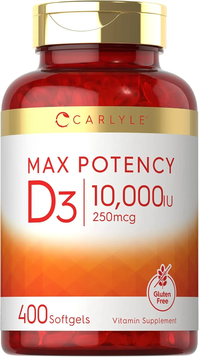 فيتامين D 10000 Iu 400 Softgels، حجم عائلي، أقصى فعالية، يدعم قوة العظام والأسنان، مكمل غير معدل وراثيا وخال من الغلوتين، من Carlyle