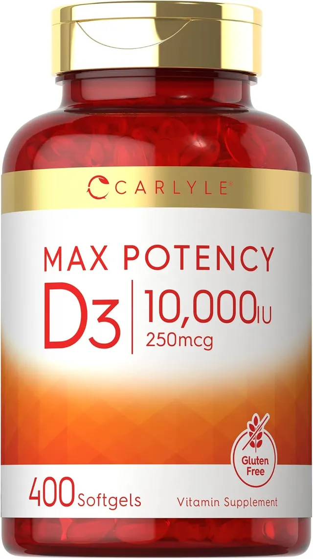 Vitamin D 10000 Iu 400 Softgels, Value Size, Max Potency, Promotes Strong Bones And Teeth, Non-Gmo, Gluten Free Supplement, By Carlyle