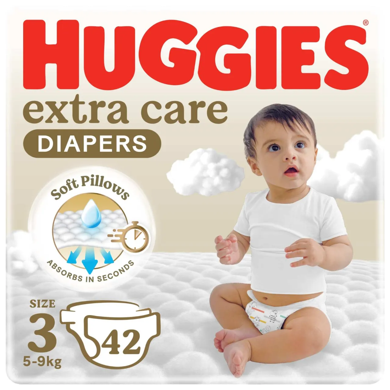 Huggies حفاضات أطفال عناية إضافية، مقاس 3 (5- )، عبوة اقتصادية، 42 حفاضة