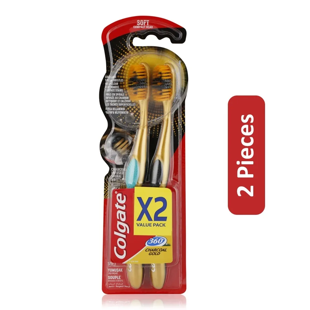 Colgate فرشاة أسنان ناعمة 360 بالفحم الذهبي الأسود عبوة متعددة - 2 Pcs
