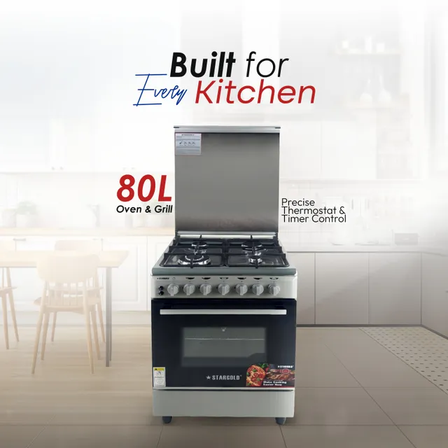Stargold 60x60cm Freestanding Cooker, Four Gas Burners with One-Hand Ignition, Cast Iron Pan Support, Gas Oven + Grill, Capacity, Adjustable Legs
