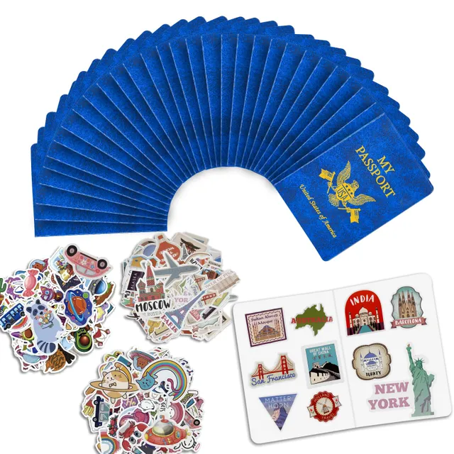 Llamau 30 Pcs Blank Passport Notebook 300pcs Travel Journal Stickers Fake Passport for Kids 5.5x 3.9Inch Blue Passport Book for School Theme Party World Travel Pretend Activity Party Favors