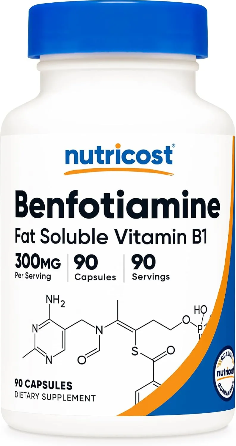 Nutricost بينفوتيامين 300mg فيتامين B1 قابل للذوبان في الدهون، خال من التعديل الوراثي والغلوتين، مناسب للنباتيين، 90 كبسولة