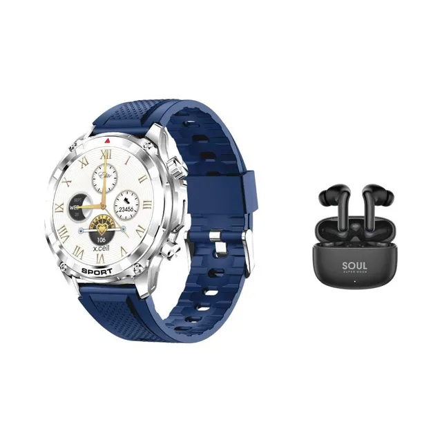 Xcell Elite 6 Smartwatch + Super Moon TWS, 1.52 Inch HD Screen, Bluetooth, Wireless Charging, Heart Rate Monitoring, IP67 Water Resistance, Silver Blue