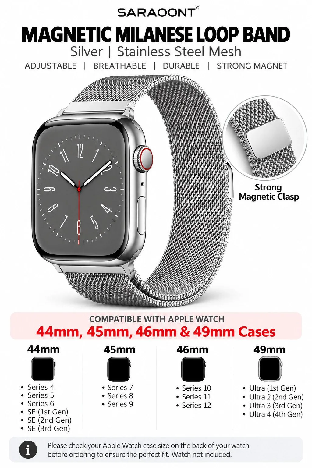 saraoont سوار Milanese Loop مغناطيسي متوافق مع Apple Watch مقاس 44mm 45mm 46mm 49mm، لسلسلة Series 12 11 10 9 8 7 6 5 4 وSE وUltra، حزام شبكي من الستانلس ستيل قابل للتعديل - فضي