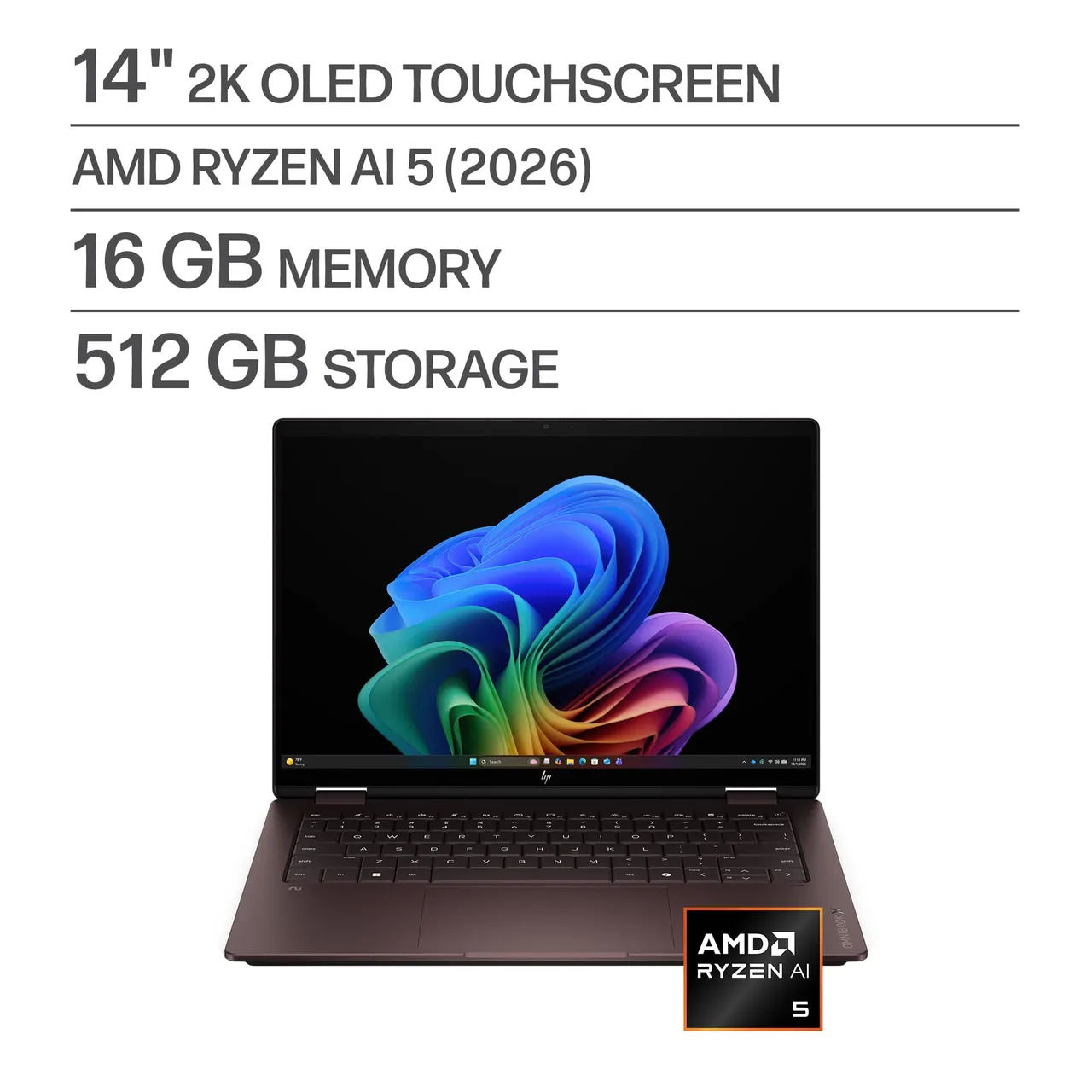 HP لابتوب OmniBook X Flip مقاس 14 بوصة بشاشة لمس 2K OLED قابل للتحويل 2 في 1، معالج AMD Ryzen AI 5 430، ذاكرة 16GB، تخزين 512GB SSD، ويندوز 11 هوم، Copilot+ - لون Deep Espresso