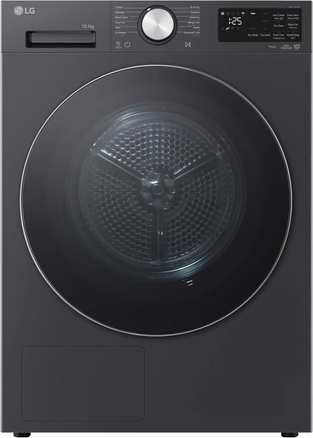 LG مضخة حرارية - Essence Graphite - مجفف بمستشعر - حلة STS - ThinqTM Wi-Fi - مكثف ذاتي التنظيف - Eco HybridTM - باب قابل للعكس - غير قابلة للتكديس - ضمان لمدة 1 سنة للوحدة و10 سنوات للمحرك - RH10X54V2NP صنع في الصين