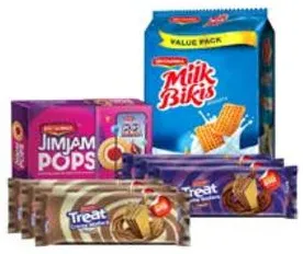 Britannia ويفر بالكريمة Treat / بسكويت بالحليب Milk Bikis / بسكويت Jim Jam Pops بالشوكولاتة/البندق/الفانيليا