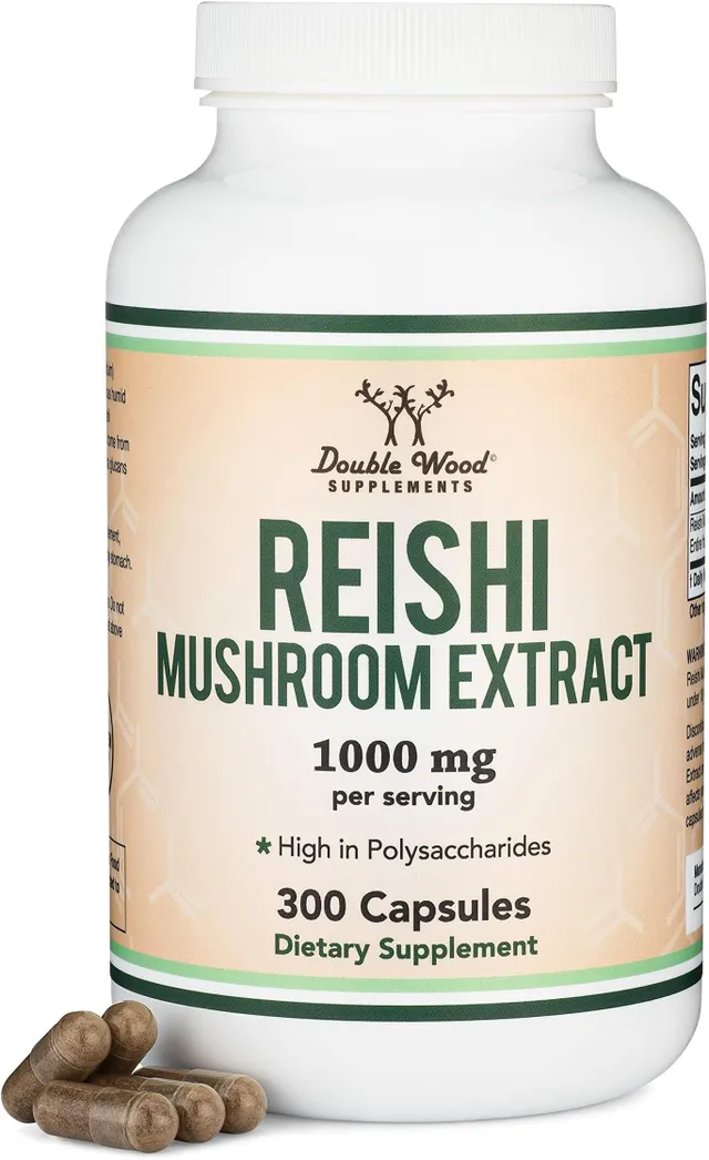 Double Wood Supplements Reishi Mushroom Capsules (4:1 Ganoderma Extract, 1,000mg Red Reishi Powder Servings) 300 Count, 5 Month Supply, Potent Mushroom for Immune System Support and Defense