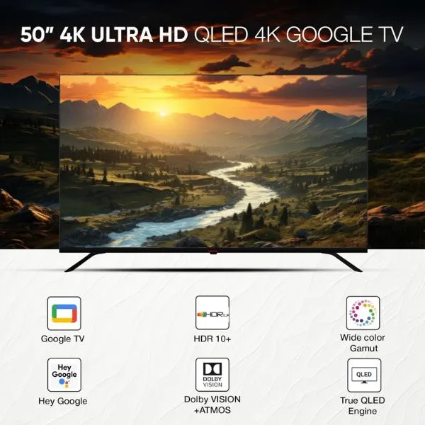 Nikai تلفاز ذكي 50 Inch بدقة 4K QLED فائق الوضوح Google TV مع تحكم صوتي بدون يدين Game Master ودولبي فيجن + أتموس و4K HDR10+ واتصال سهل مع أجهزة أندرويد وأبل NPROG50QLED