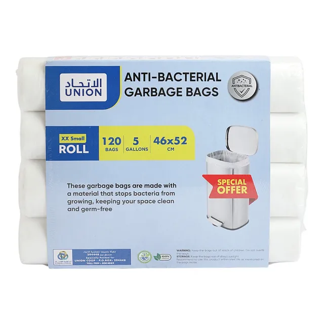 Union Anti-Bacterial Garbage Bags Roll, XX Small, 5 Gallons, 46 x 52 cm, 120 Bags
