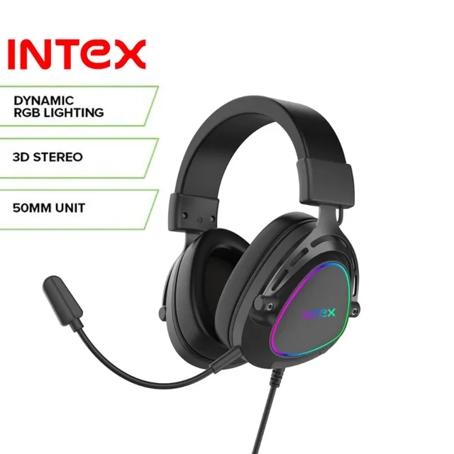 intex IT-311-RGB GameTime Pro Gaming Headset 7.1 Stereo Surround Sound HiFi RGB Light Detachable Mic 50mm Driver Noise Isolation Over Ear Headphones for PC PS5 PS4 Black