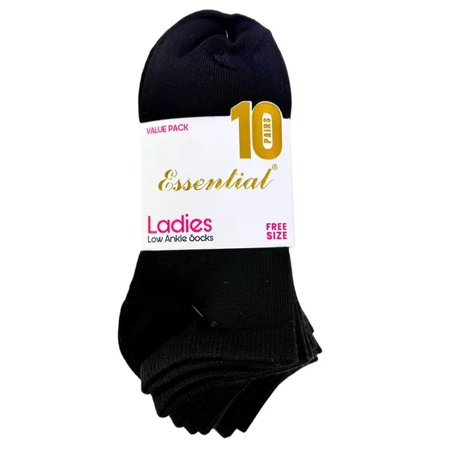 Carrefour Essential Women Low Ankle Socks LV-154, Black, Free Size, 10 Pairs