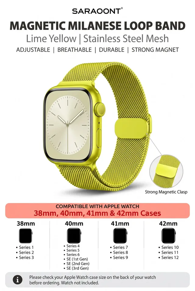 saraoont Magnetic Milanese Loop Band Compatible with Apple Watch 38mm 40mm 41mm 42mm, Series 12 11 10 9 8 7 6 5 4 3 2 1, SE, Stainless Steel Mesh Adjustable Strap - Lime Yellow