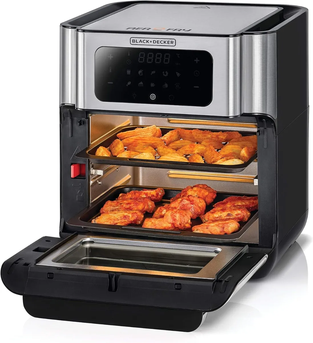 Black+Decker قلاية هوائية فرن 1500W بتقنية الحمل الحراري بالهواء السريع، تحكم رقمي بدرجة الحرارة، مؤقت 90 دقيقة، 10 أوضاع معدة مسبقا، آمنة لغسالة الأطباق -AOF100-B5