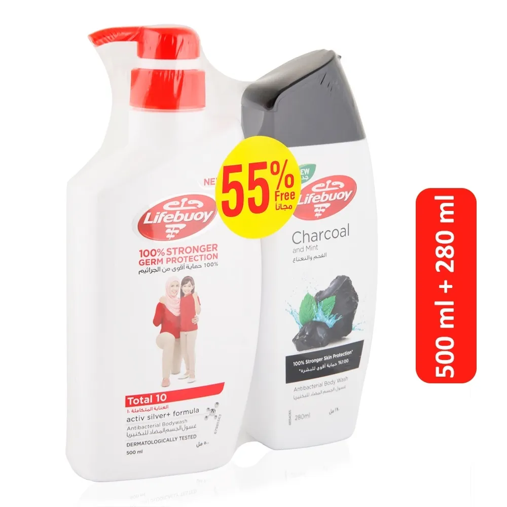Lifebuoy طقم غسول الجسم Total 10 + جل استحمام بالفحم والنعناع - +