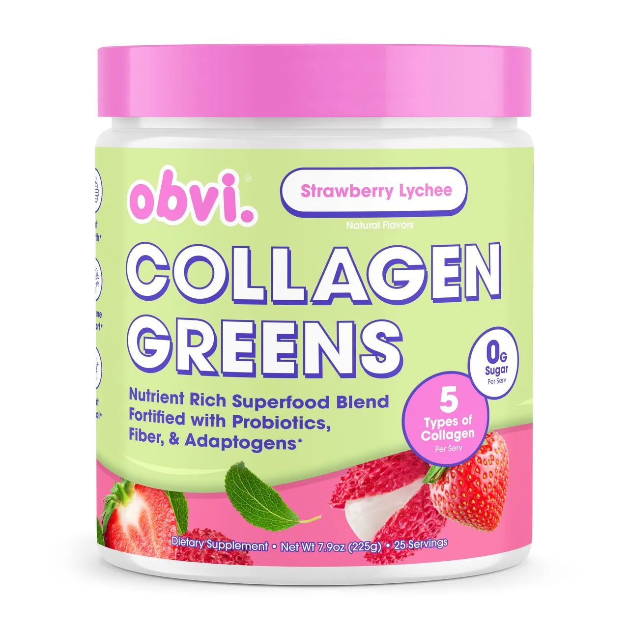 Obvi مسحوق سوبرفوود بالخضار الخضراء والكولاجين Collagen Greens مع ببتيدات الكولاجين والبروبيوتيك لصحة الأمعاء والبشرة والشعر والأظافر، خال من الغلوتين، بدون سكر، بنكهة الفراولة والليتشي، 25 حصة